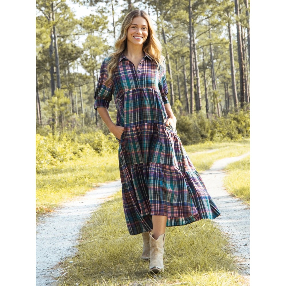 Natural Life Rebecca Tiered Dress Rainbow Plaid Flannel XS Boho Midi Pockets
